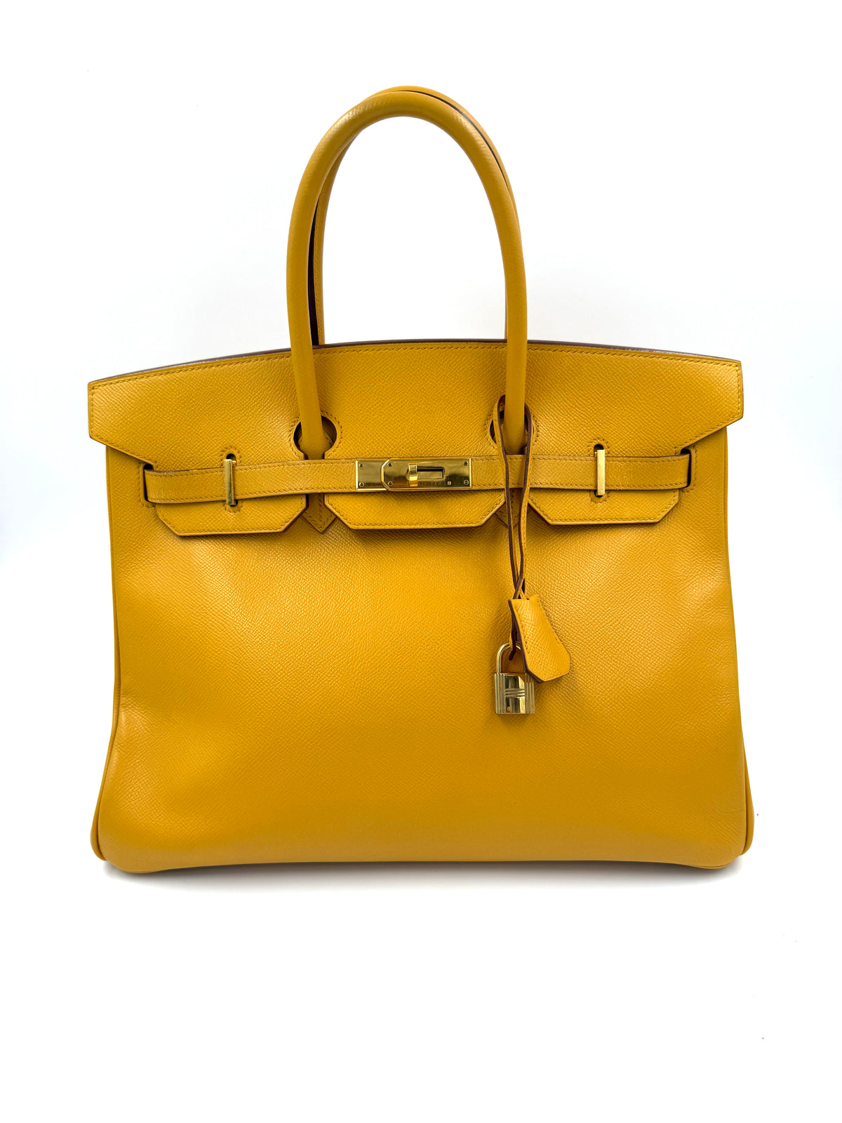 HERMÈS Birkin 35 Courchevel Gelb GHW, gelbe Designerhandtasche mit goldfarbenen Beschlägen