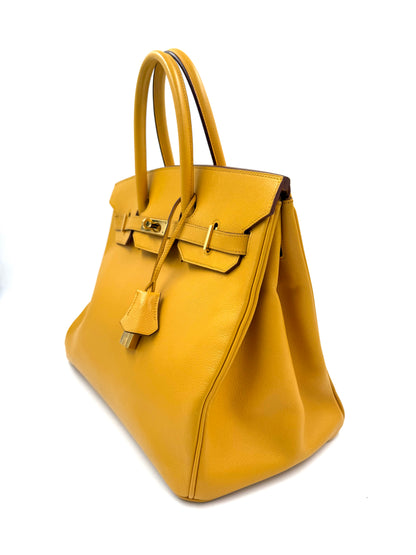 HERMÈS Birkin 35 Courchevel Gelb GHW gelbe Designerhandtasche mit goldfarbenen Beschlägen