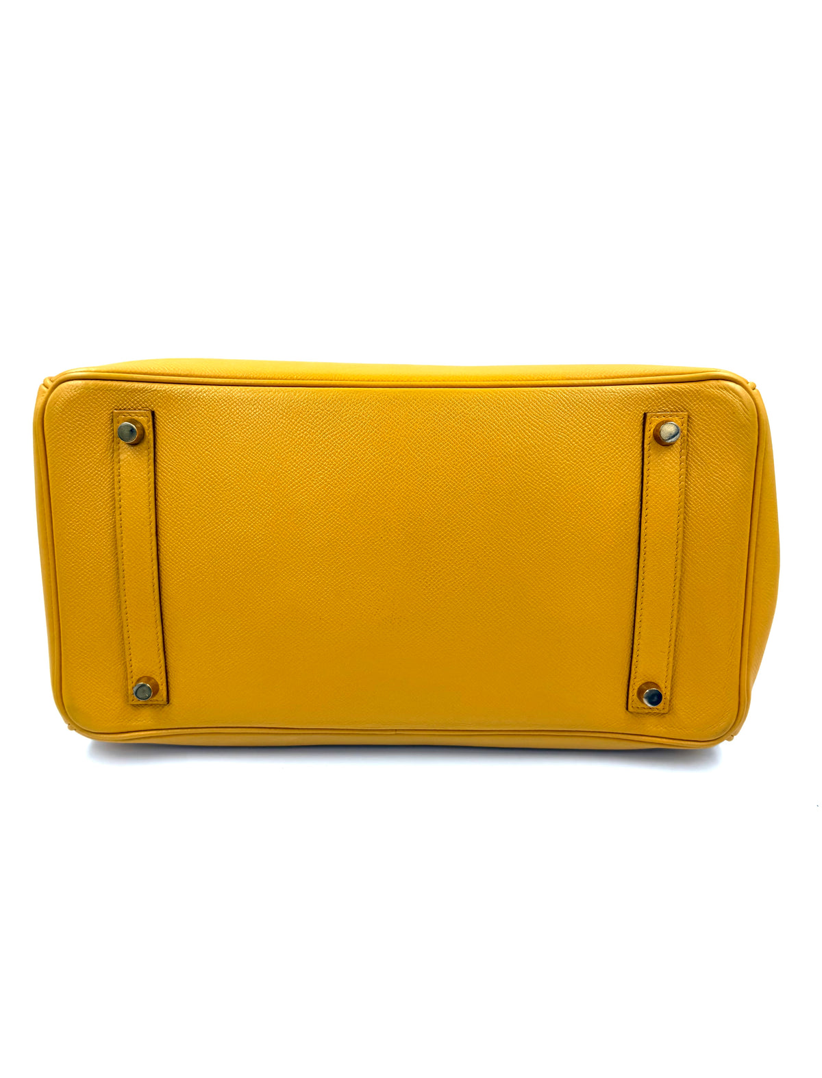 HERMÈS Birkin 35 Courchevel Gelb GHW Unterseite der gelben Designerhandtasche