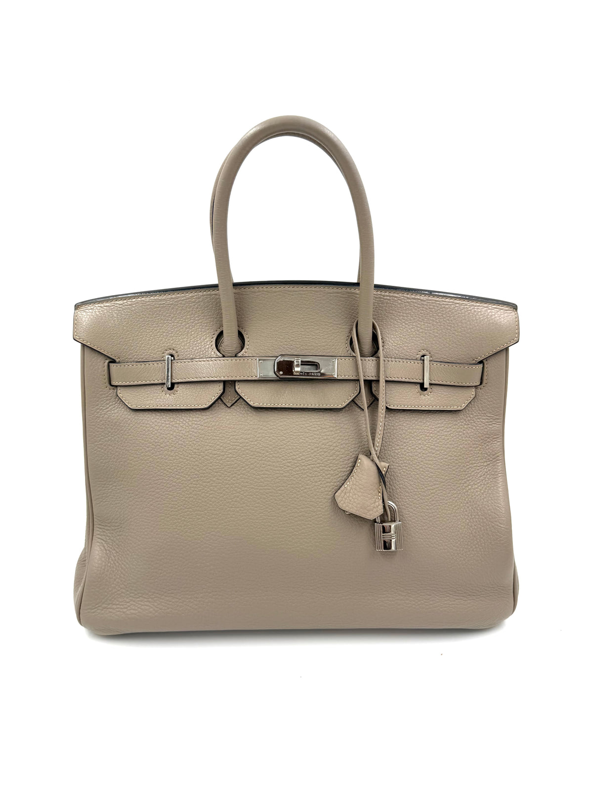 HERMÈS Birkin 35 Togo grau PHW, graue Handtasche mit Schloss und Schlüsselanhänger