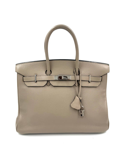 HERMÈS Birkin 35 Togo grau PHW, graue Handtasche mit Schloss und Schlüsselanhänger