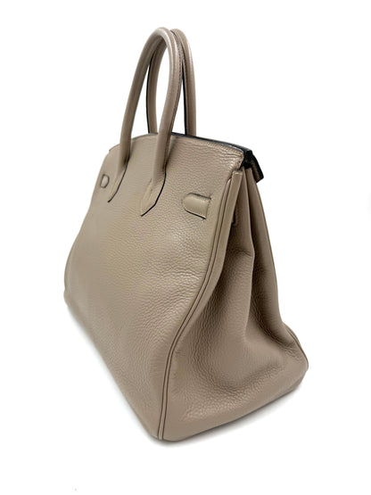 HERMÈS Birkin 35 Togo grau PHW, graue Designerhandtasche aus strukturiertem Leder mit zwei Henkeln
