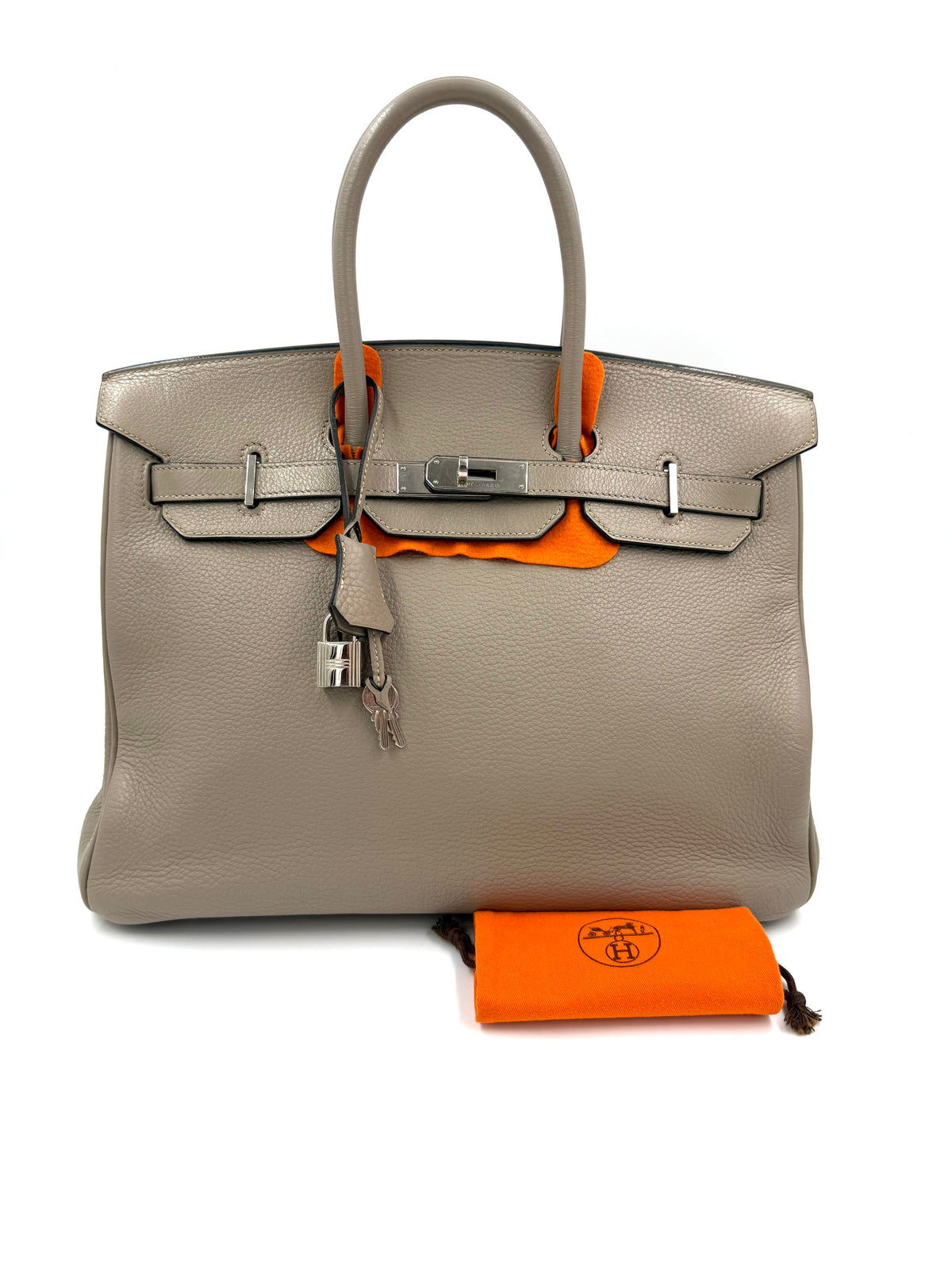 HERMÈS Birkin 35 Togo grau PHW, graue Designerhandtasche aus zweiter Hand mit orangefarbenem Staubbeutel