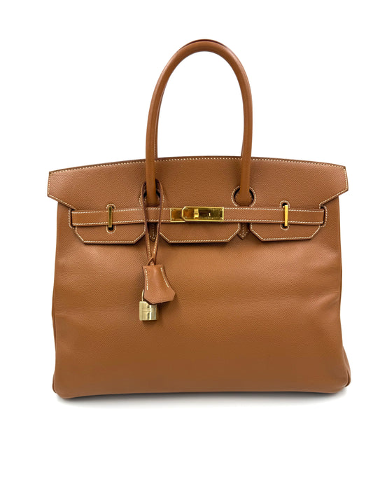 HERMÈS Birkin 35 Courchevel Gold GHW, braune Designerhandtasche mit goldfarbenen Beschlägen
