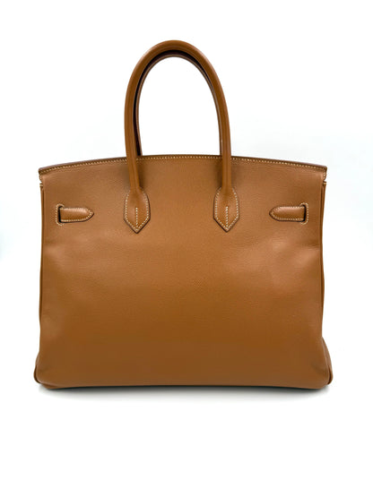 HERMÈS Birkin 35 Courchevel Gold GHW, braune Designerhandtasche aus Leder mit zwei Tragegriffen