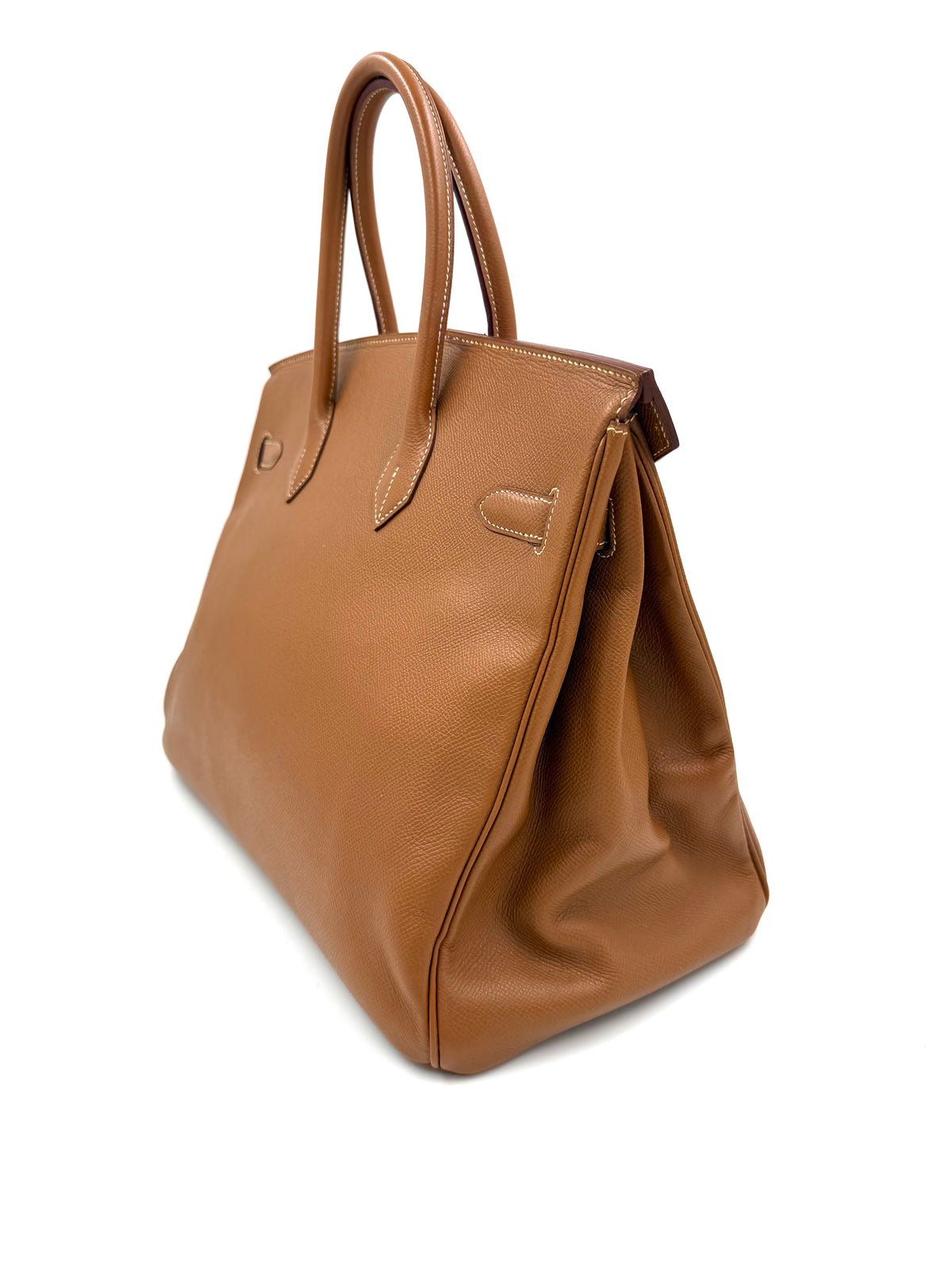 HERMÈS Birkin 35 Courchevel Gold GHW, braune Designerhandtasche aus Leder mit goldfarbenen Beschlägen