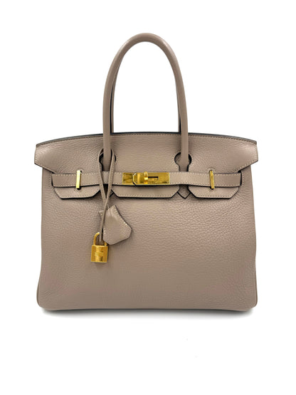 HERMÈS Birkin 30 Clemence Gris GHW graue Handtasche mit goldfarbenen Beschlägen