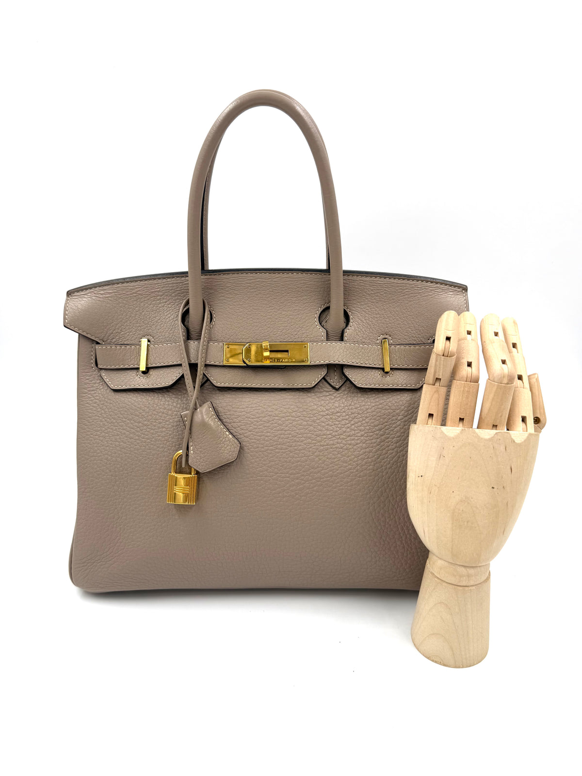HERMÈS Birkin 30 Clemence Gris GHW, graue Designerhandtasche aus Leder mit goldfarbenen Beschlägen