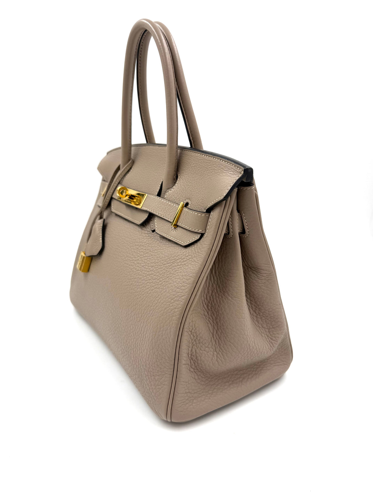 HERMÈS Birkin 30 Clemence Gris GHW, graue Designerhandtasche aus zweiter Hand