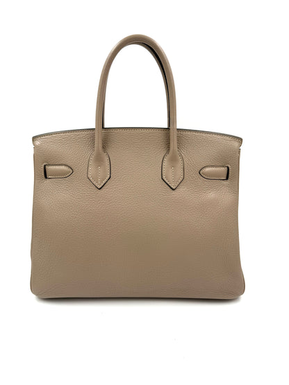 HERMÈS Birkin 30 Clemence Gris GHW, graue Designerhandtasche mit zwei Henkeln