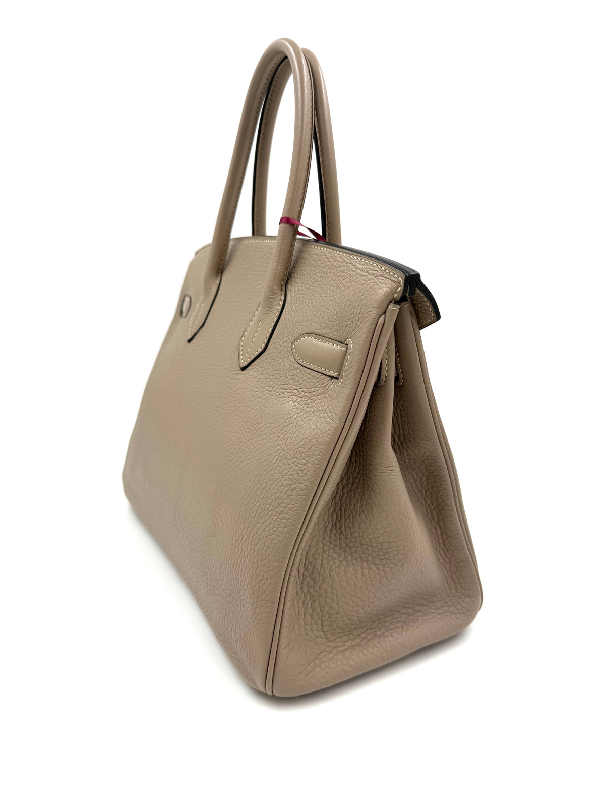HERMÈS Birkin 30 Clemence Gris GHW, graue Designerhandtasche aus Leder in Seitenansicht
