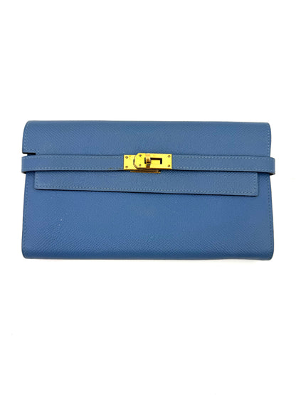 HERMÈS Kelly long Wallet Epsom Bleu Izmir GHW elegante Geldbörse aus genarbtem Leder mit goldfarbenem Verschluss