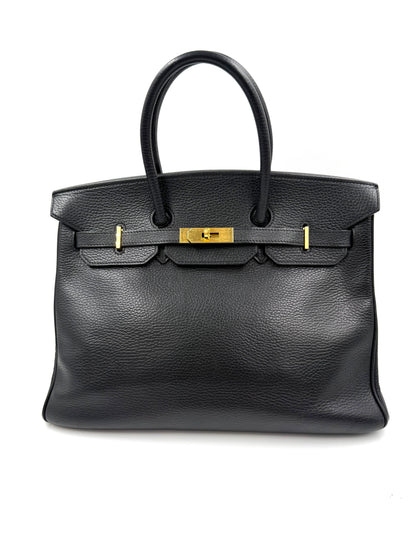 HERMÈS Birkin 35 Ardennes schwarz GHW, schwarze Designerhandtasche aus zweiter Hand