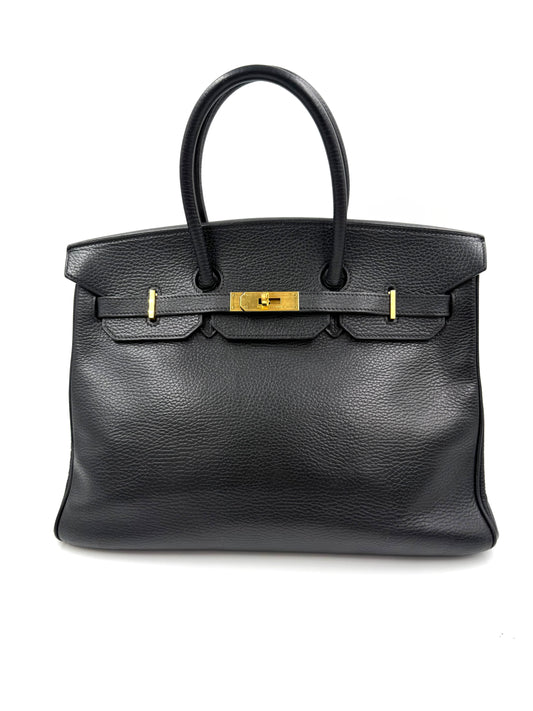 HERMÈS Birkin 35 Ardennes schwarz GHW, schwarze Designerhandtasche aus zweiter Hand