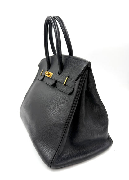HERMÈS Birkin 35 Ardennes schwarz GHW, schwarze Designerhandtasche mit goldfarbenen Beschlägen