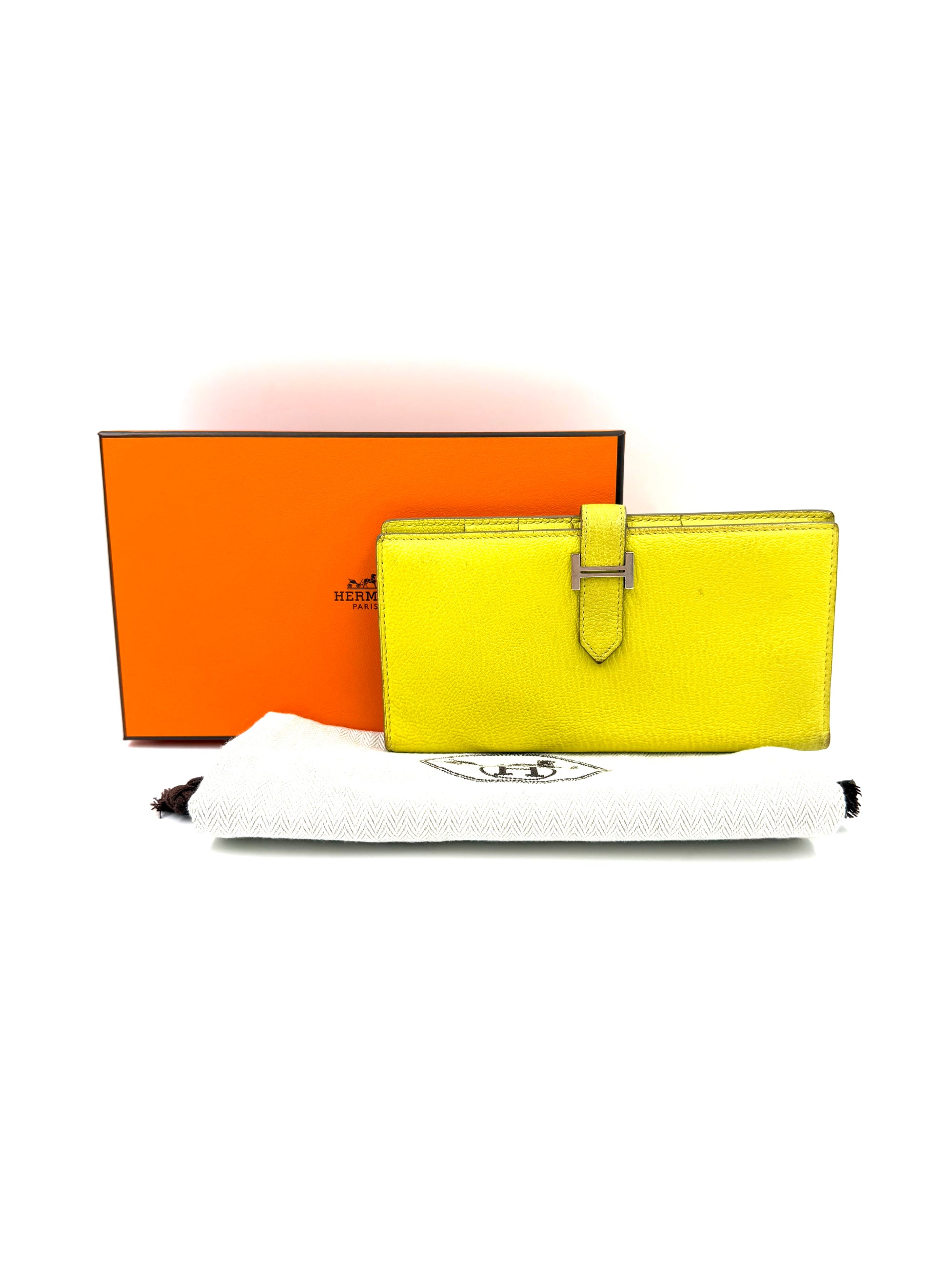 HERMÈS Bearn Wallet Mysoreleder Lime PHW in leuchtendem Gelb mit Originalverpackung und Staubbeutel