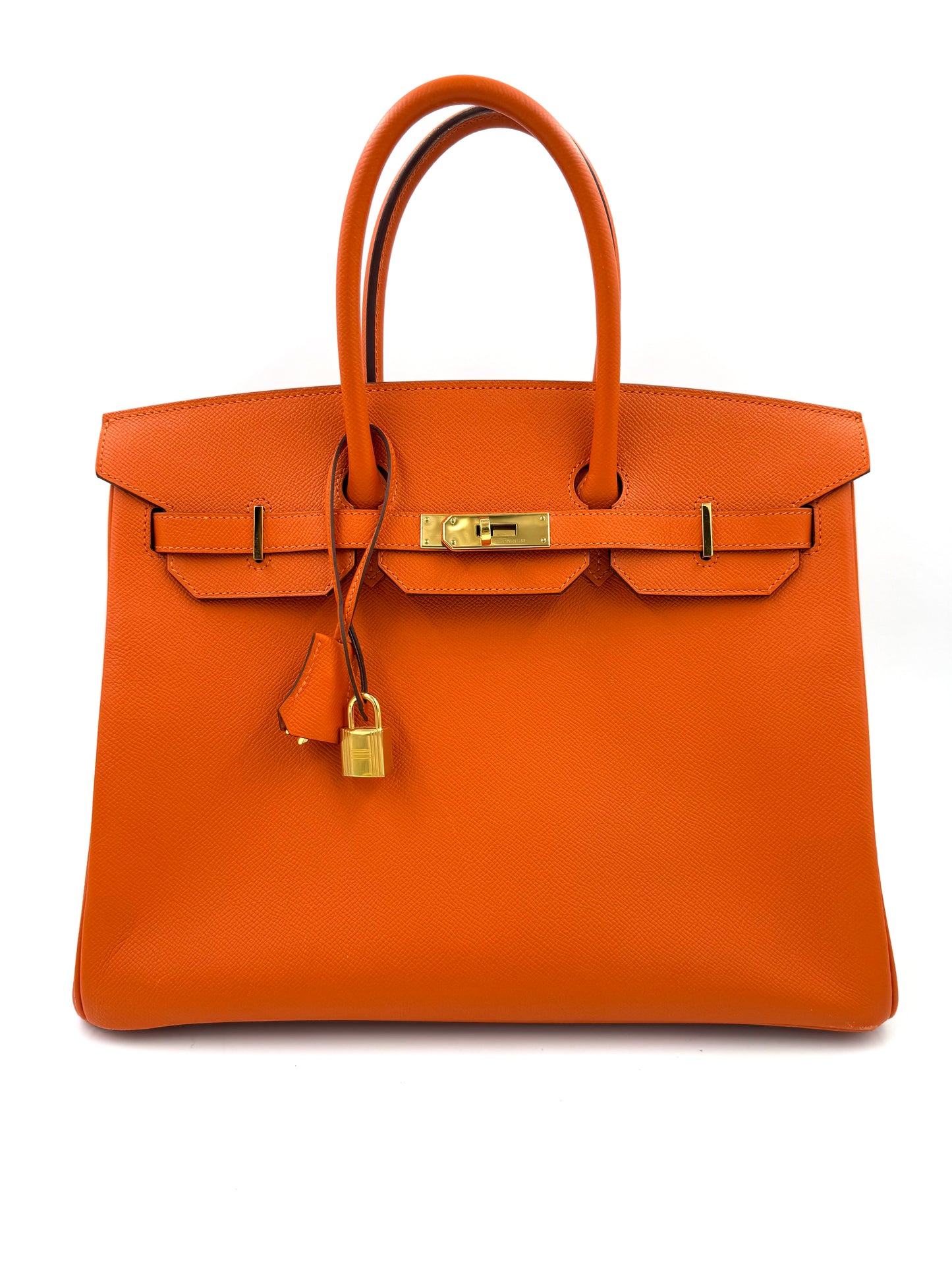 HERMÈS Birkin 35 Epsom orange GHW Frontansicht der exklusiven Designer Handtasche Second Hand mit goldfarbenem Verschluss