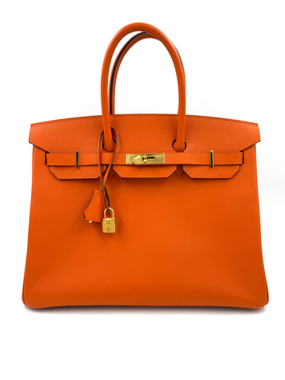 HERMÈS Birkin 35 Epsom orange GHW Frontansicht der exklusiven Designer Handtasche Second Hand mit goldfarbenem Verschluss