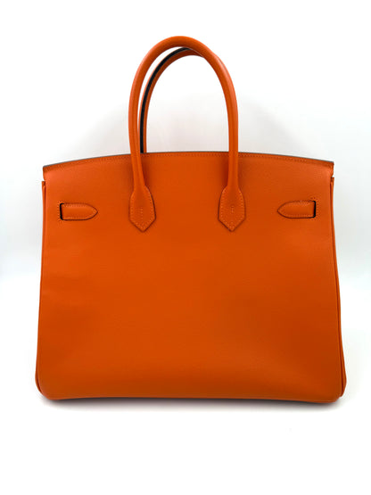 HERMÈS Birkin 35 Epsom orange GHW Vorderansicht der hochwertigen Designer Handtasche Second Hand ohne Metallakzente sichtbar