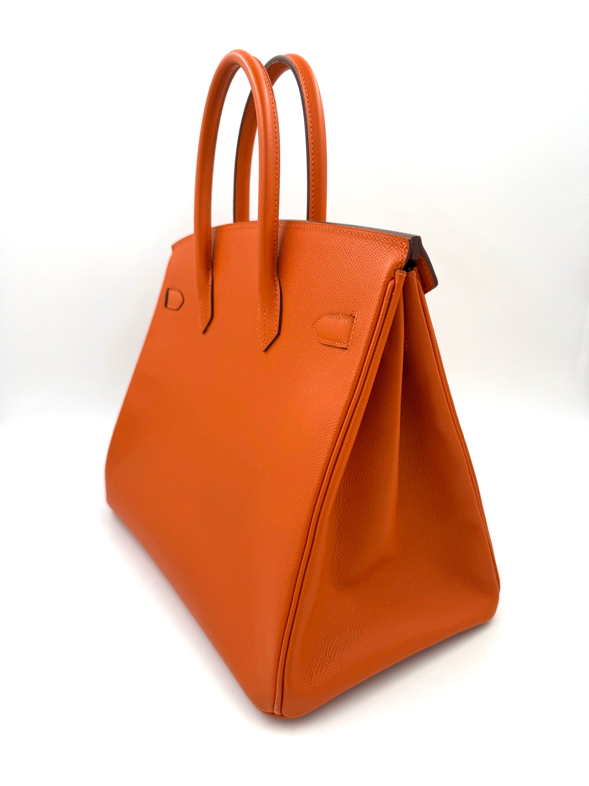 HERMÈS Birkin 35 Epsom orange GHW Seitenansicht der luxuriösen Designer Handtasche Second Hand