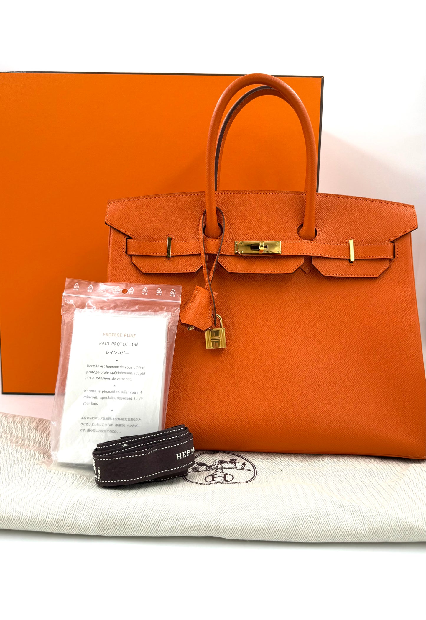 HERMÈS Birkin 35 Epsom orange GHW mit Originalverpackung, Staubbeutel und Schutzmittel, Galerieposition 16, Hochformat.