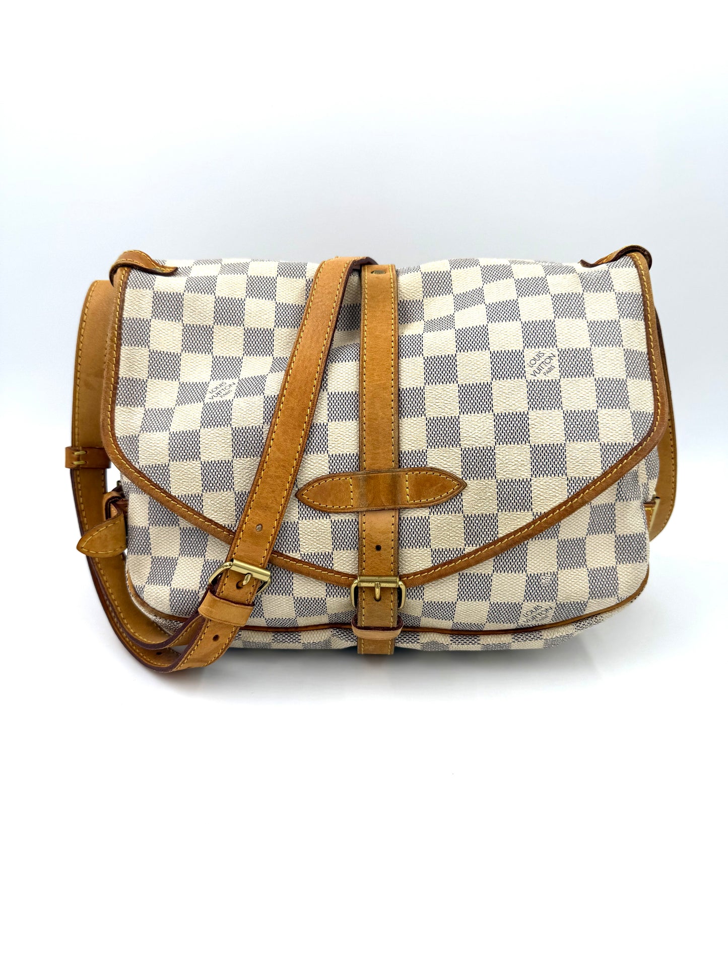 LOUIS VUITTON Saumur 30 Damier Azur große Designer Handtasche mit charakteristischem Karo-Canvas und Lederdetails