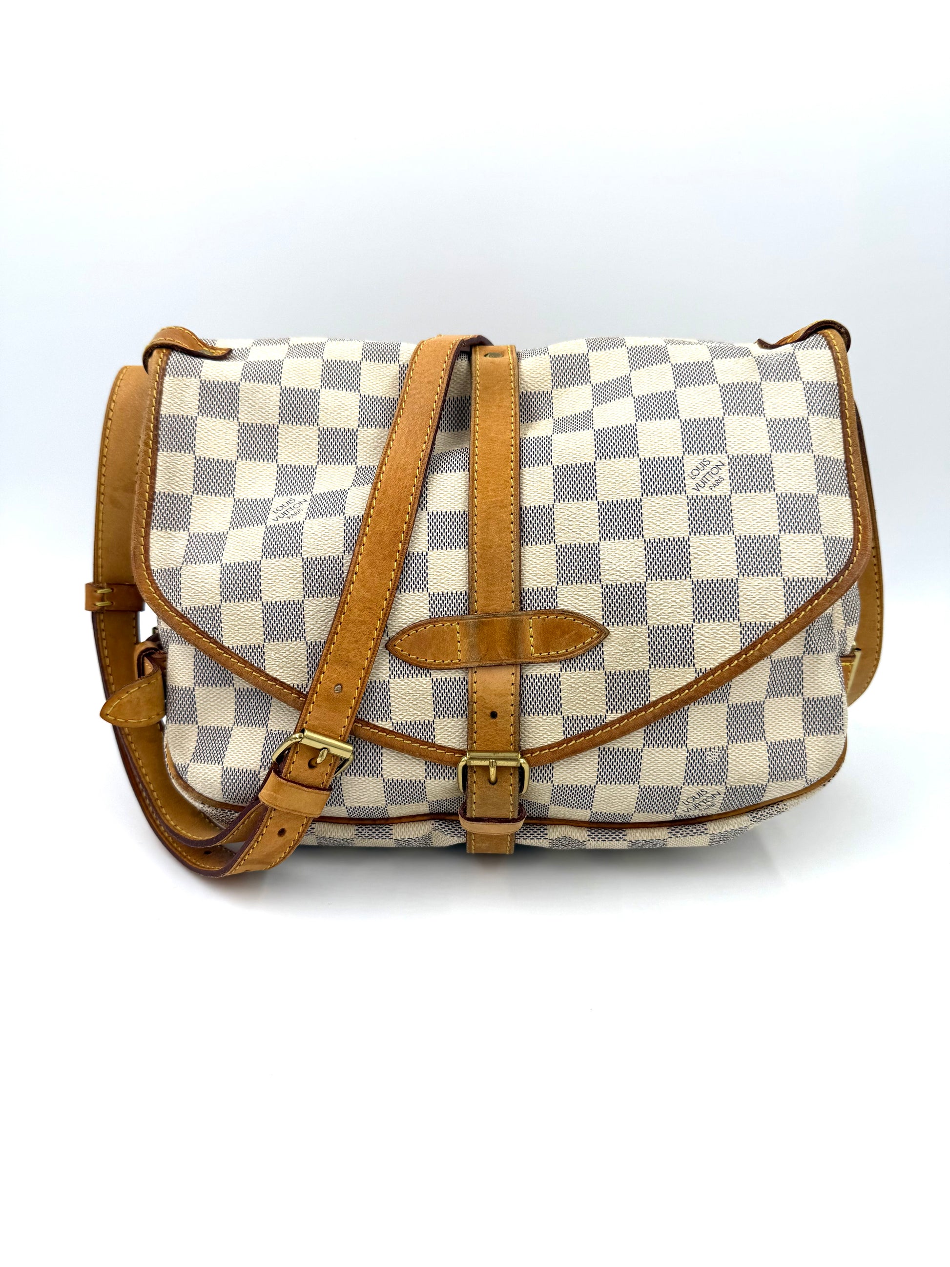 LOUIS VUITTON Saumur 30 Damier Azur große Designer Handtasche mit charakteristischem Karo-Canvas und Lederdetails