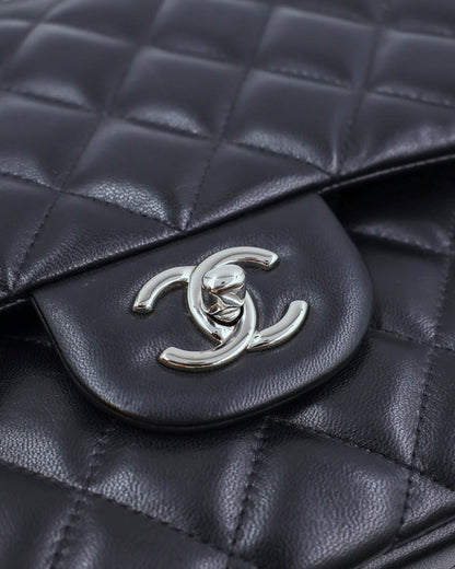 CHANEL Timeless Double Flap Jumbo schwarz SHW, schwarze gesteppte Tasche mit silberfarbenem CC Logo