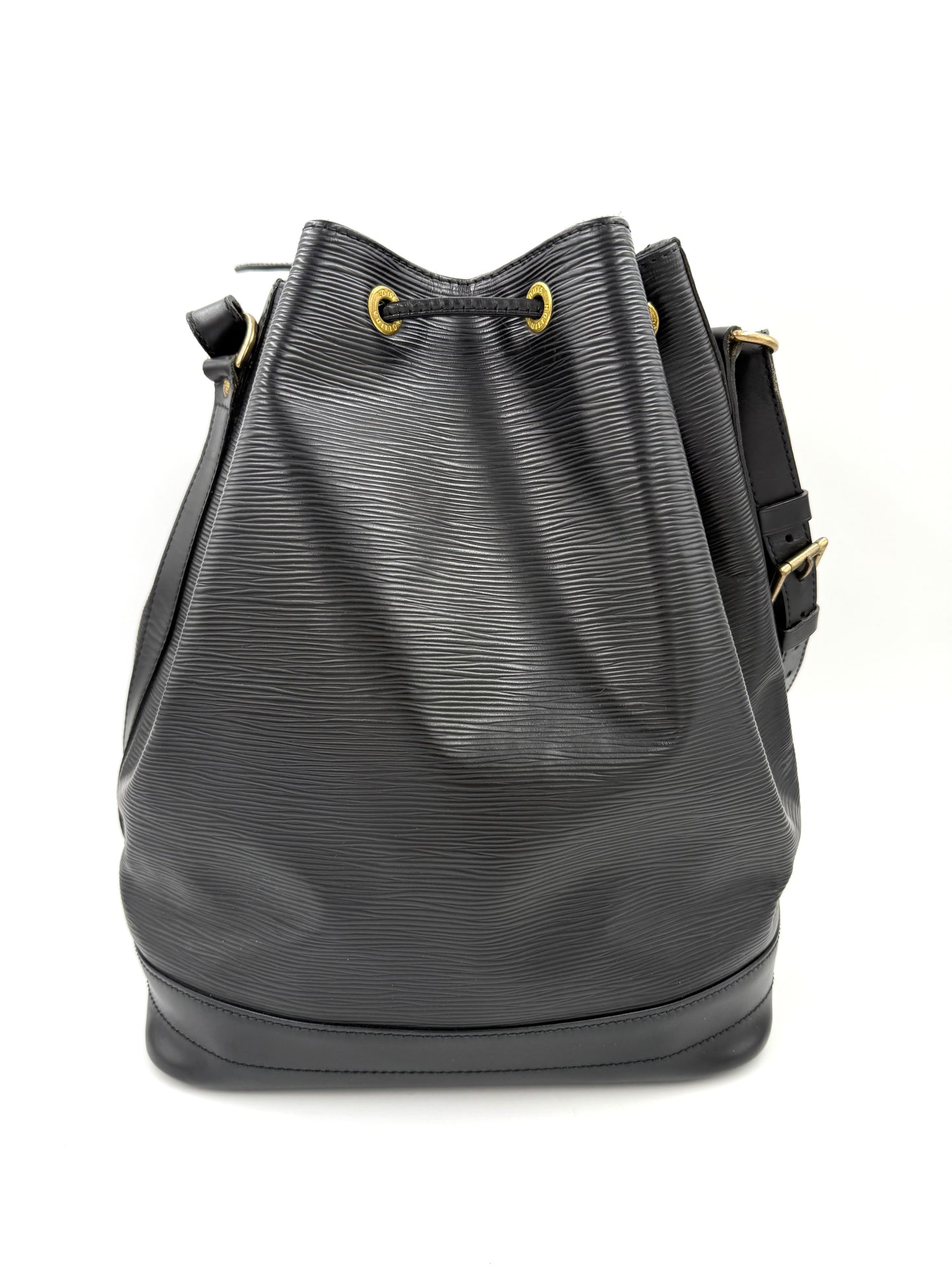LOUIS VUITTON Noe grande Epi schwarz Frontansicht mit verstellbarem Lederriemen und goldfarbenen Details Designer Tasche Second Hand