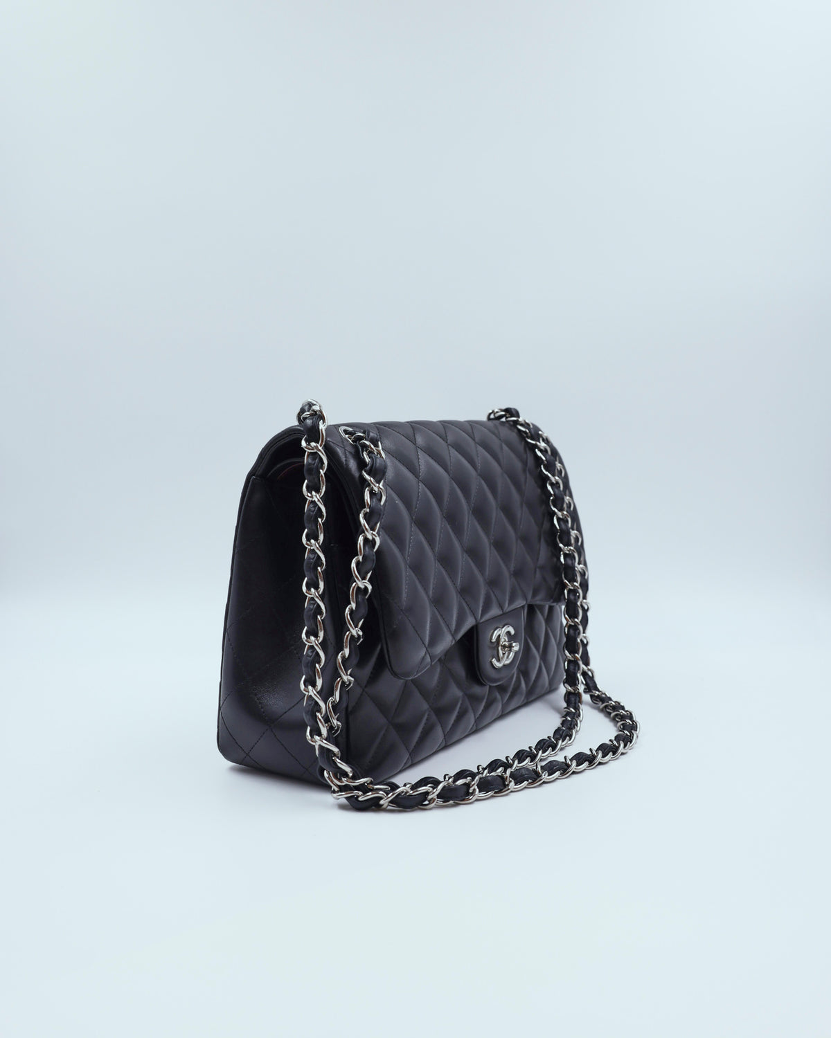 CHANEL Timeless Double Flap Jumbo schwarz SHW schwarze gesteppte Designerhandtasche aus zweiter Hand mit Kettenriemen