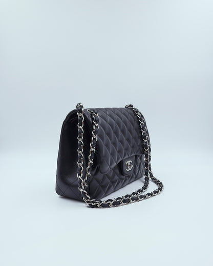 CHANEL Timeless Double Flap Jumbo schwarz SHW schwarze gesteppte Designerhandtasche aus zweiter Hand mit Kettenriemen