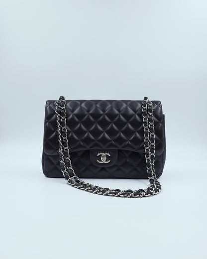 CHANEL Timeless Double Flap Jumbo schwarz SHW schwarze gesteppte Designerhandtasche mit Kettenriemen