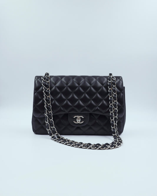 CHANEL Timeless Double Flap Jumbo schwarz SHW schwarze gesteppte Designerhandtasche mit Kettenriemen