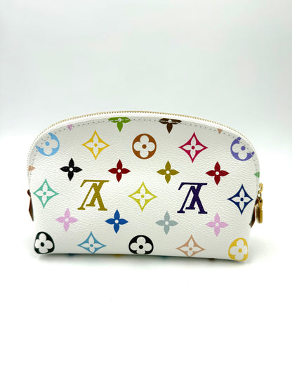 LOUIS VUITTON Pochette Cosmetique Multicolor x Murakami Designer Clutch mit buntem Monogramm auf weißem Canvas Secondhand Tasche