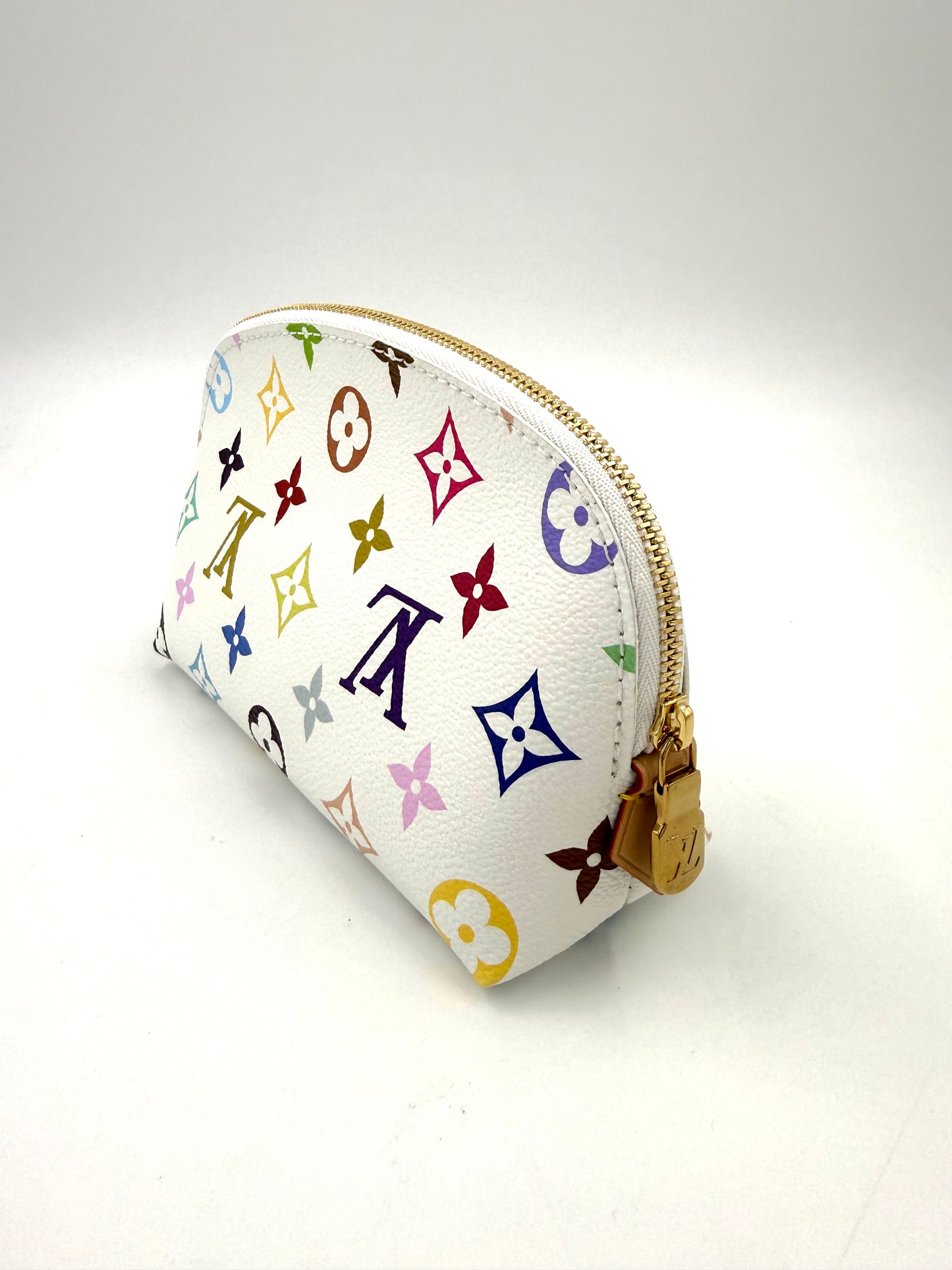 LOUIS VUITTON Pochette Cosmetique Multicolor x Murakami weiße Clutch mit buntem Monogramm und goldfarbenem Reißverschlussanhänger