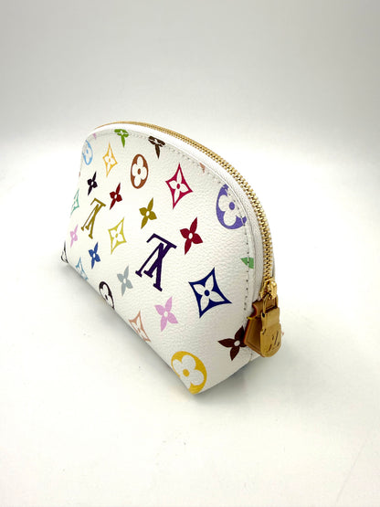 LOUIS VUITTON Pochette Cosmetique Multicolor x Murakami weiße Clutch mit buntem Monogramm und goldfarbenem Reißverschlussanhänger