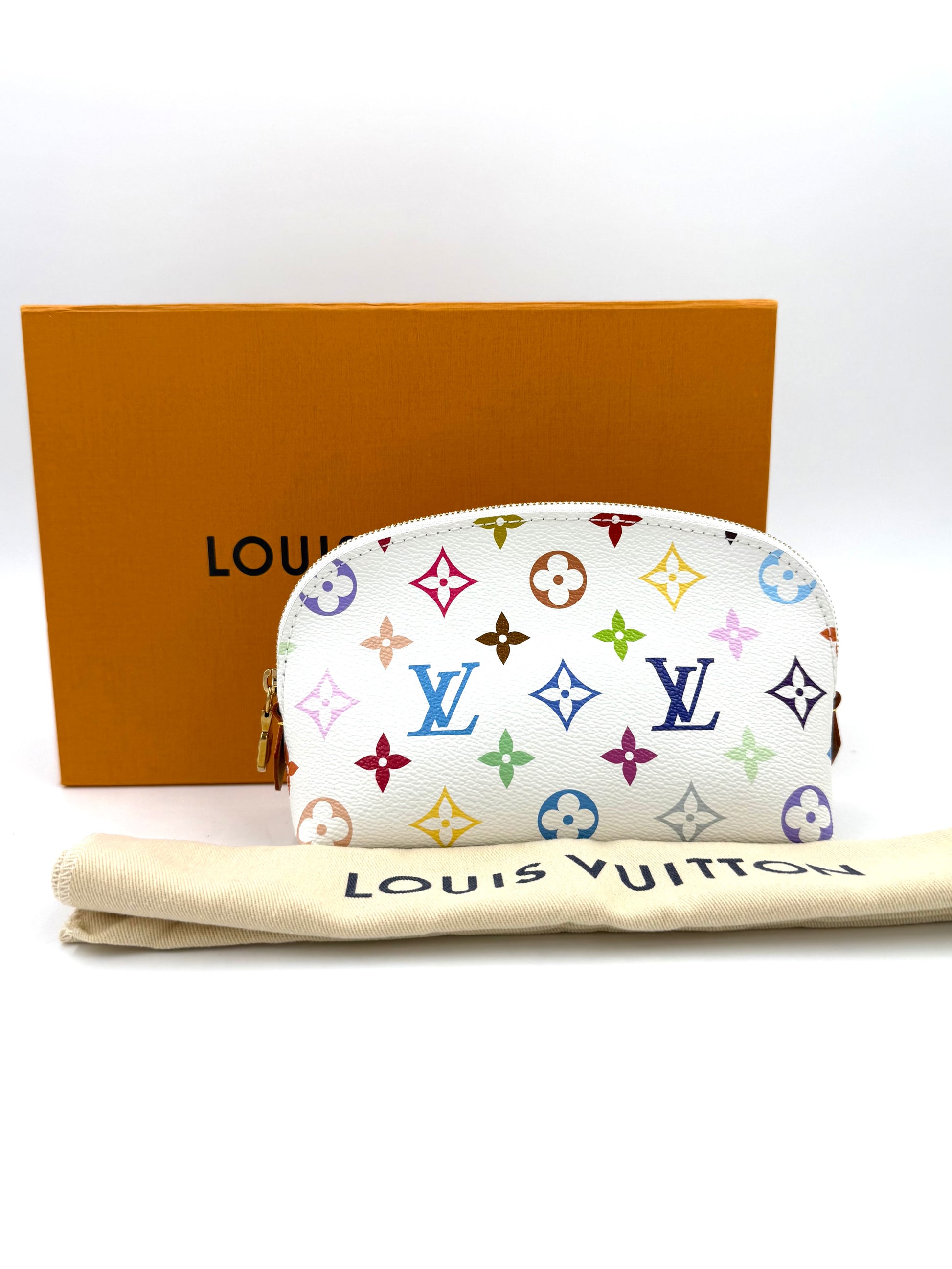 LOUIS VUITTON Pochette Cosmetique Multicolor x Murakami Clutch aus weißem Leder mit buntem Monogramm-Print