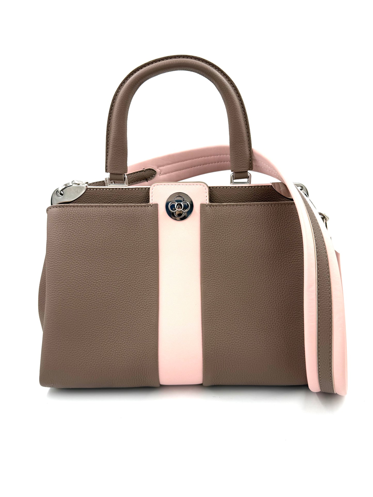 LOUIS VUITTON Astrid Taupe Rose Designer Handtasche aus genarbtem Leder mit kontrastierendem rosa Schulterriemen second hand