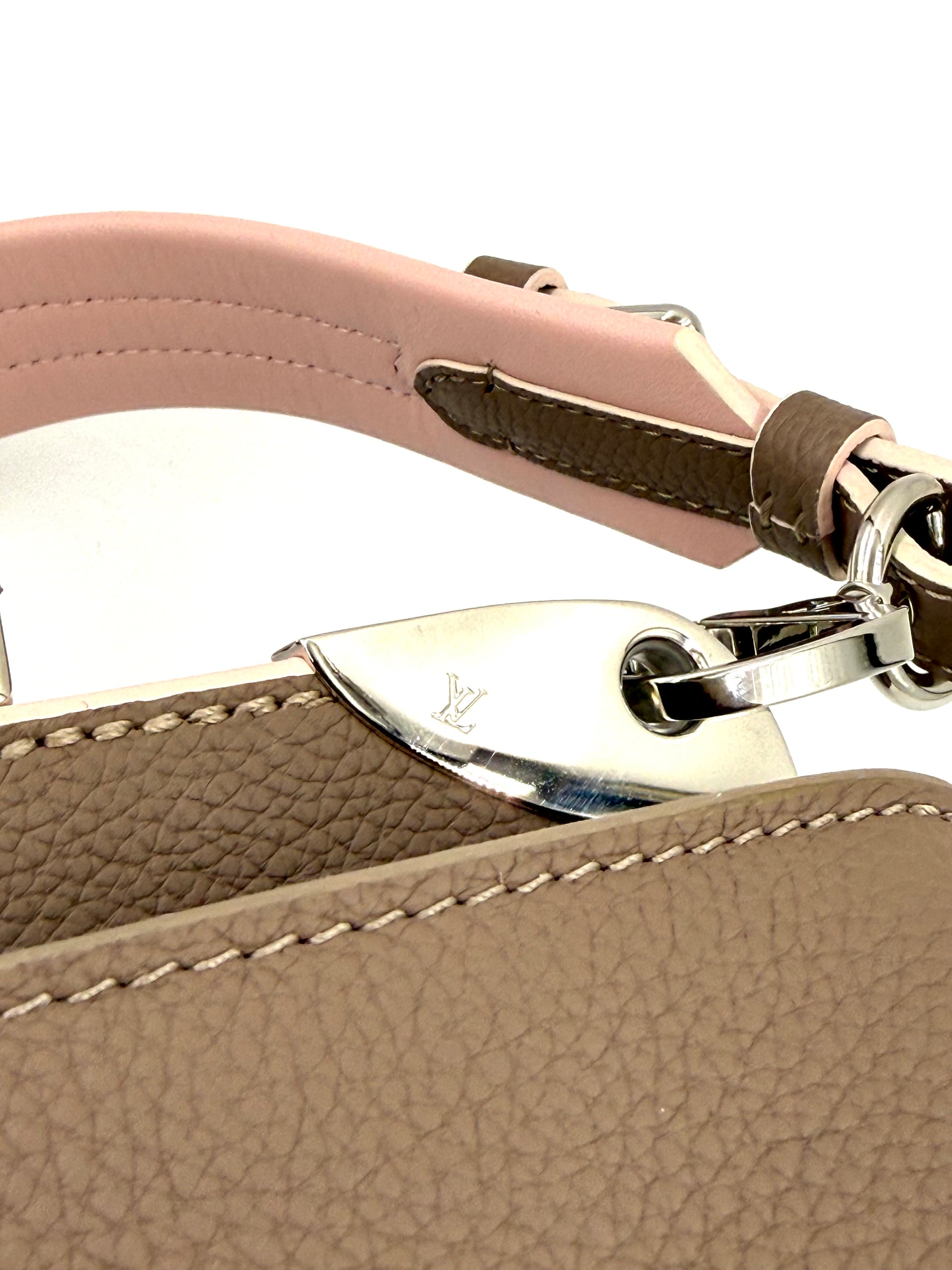 LOUIS VUITTON Astrid Taupe Rose Nahaufnahme des Ledergriffs mit Metalllogo und feiner Naht für Designer Tasche second hand