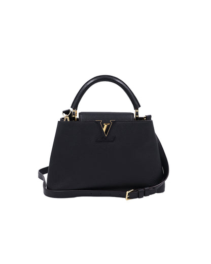 LOUIS VUITTON Capucines MM Taurillon schwarz schwarze Designer Handtasche mit Tragegriff und Schulterriemen