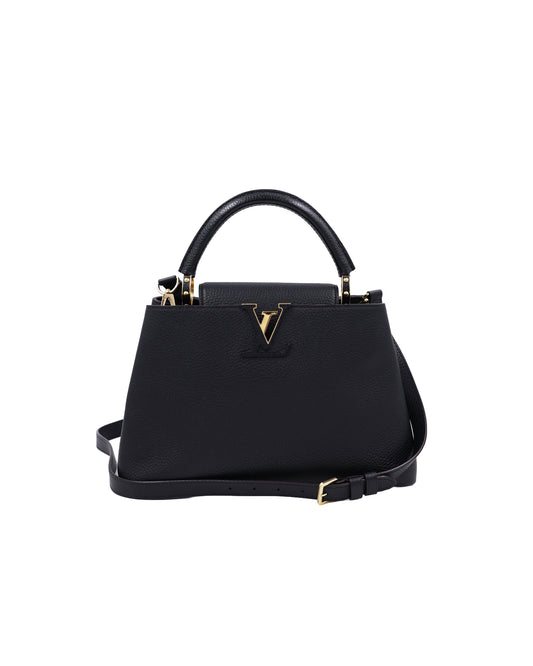 LOUIS VUITTON Capucines MM Taurillon schwarz schwarze Designer Handtasche mit Tragegriff und Schulterriemen
