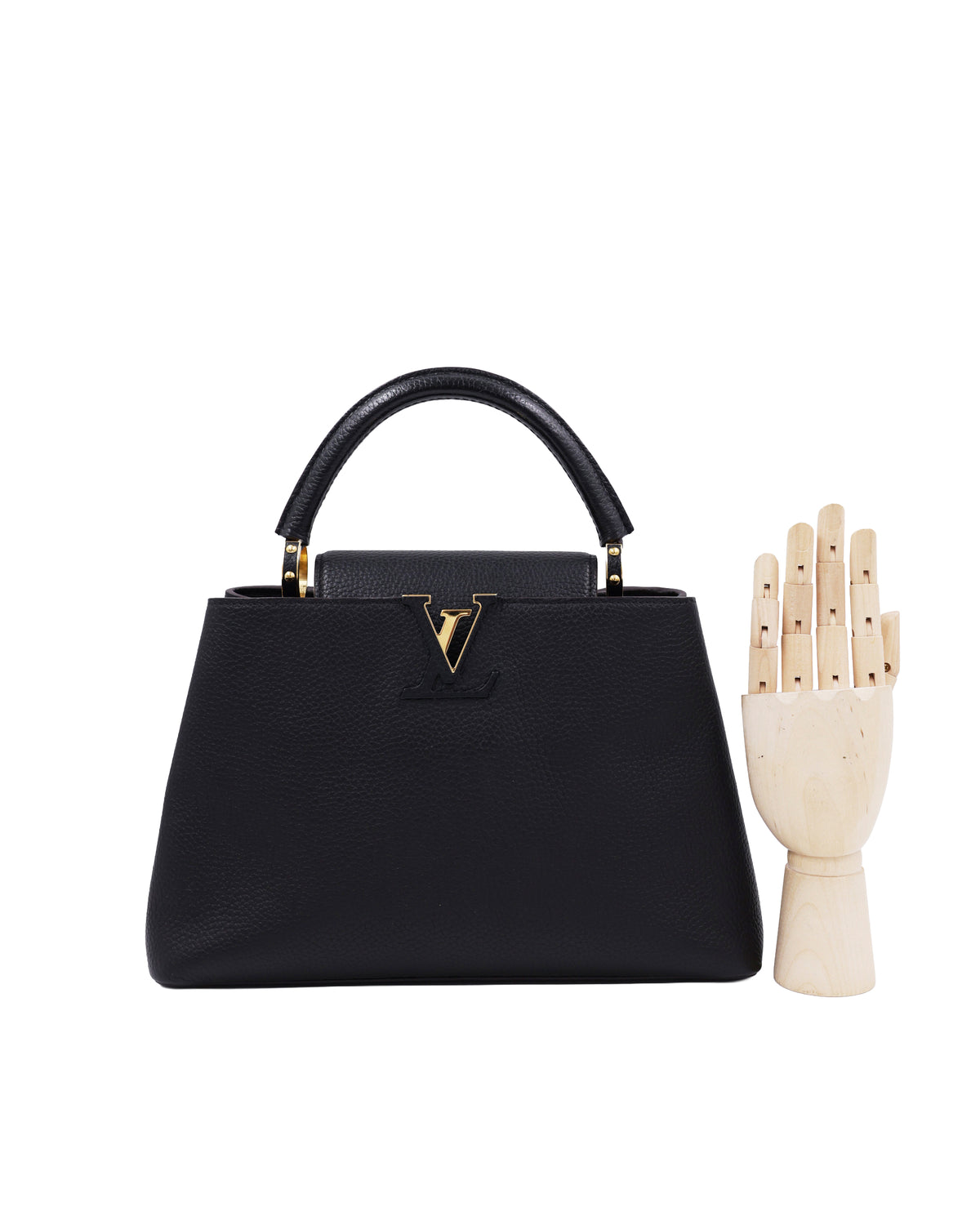 LOUIS VUITTON Capucines MM Taurillon schwarz, schwarze Designerhandtasche aus Leder