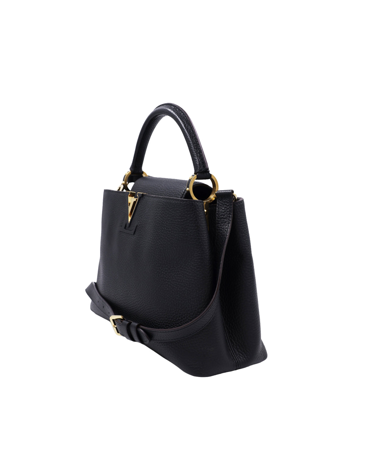 LOUIS VUITTON Capucines MM Taurillon schwarz schwarze Designerhandtasche mit goldfarbenen Details