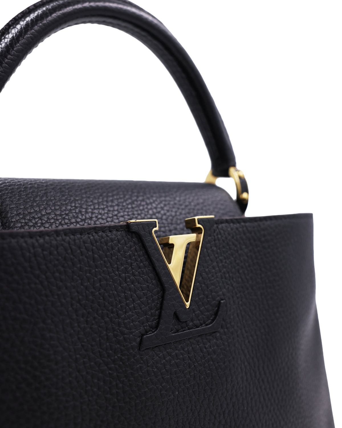 LOUIS VUITTON Capucines MM Taurillon schwarz schwarze Designerhandtasche mit goldfarbenem LV Verschluss