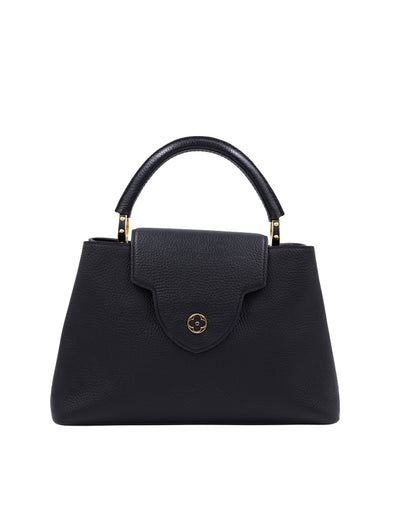 LOUIS VUITTON Capucines MM Taurillon schwarz schwarze Handtasche mit Henkel und goldfarbenem Verschluss