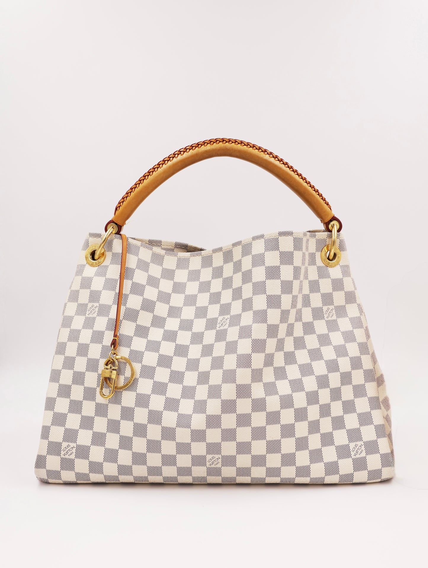 LOUIS VUITTON Artsy MM Damier Azur Designerhandtasche aus zweiter Hand mit kariertem Canvas und goldfarbenen Details