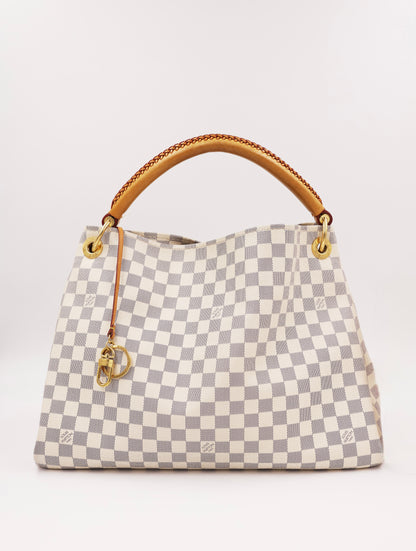 LOUIS VUITTON Artsy MM Damier Azur Designerhandtasche aus zweiter Hand mit kariertem Canvas und goldfarbenen Details