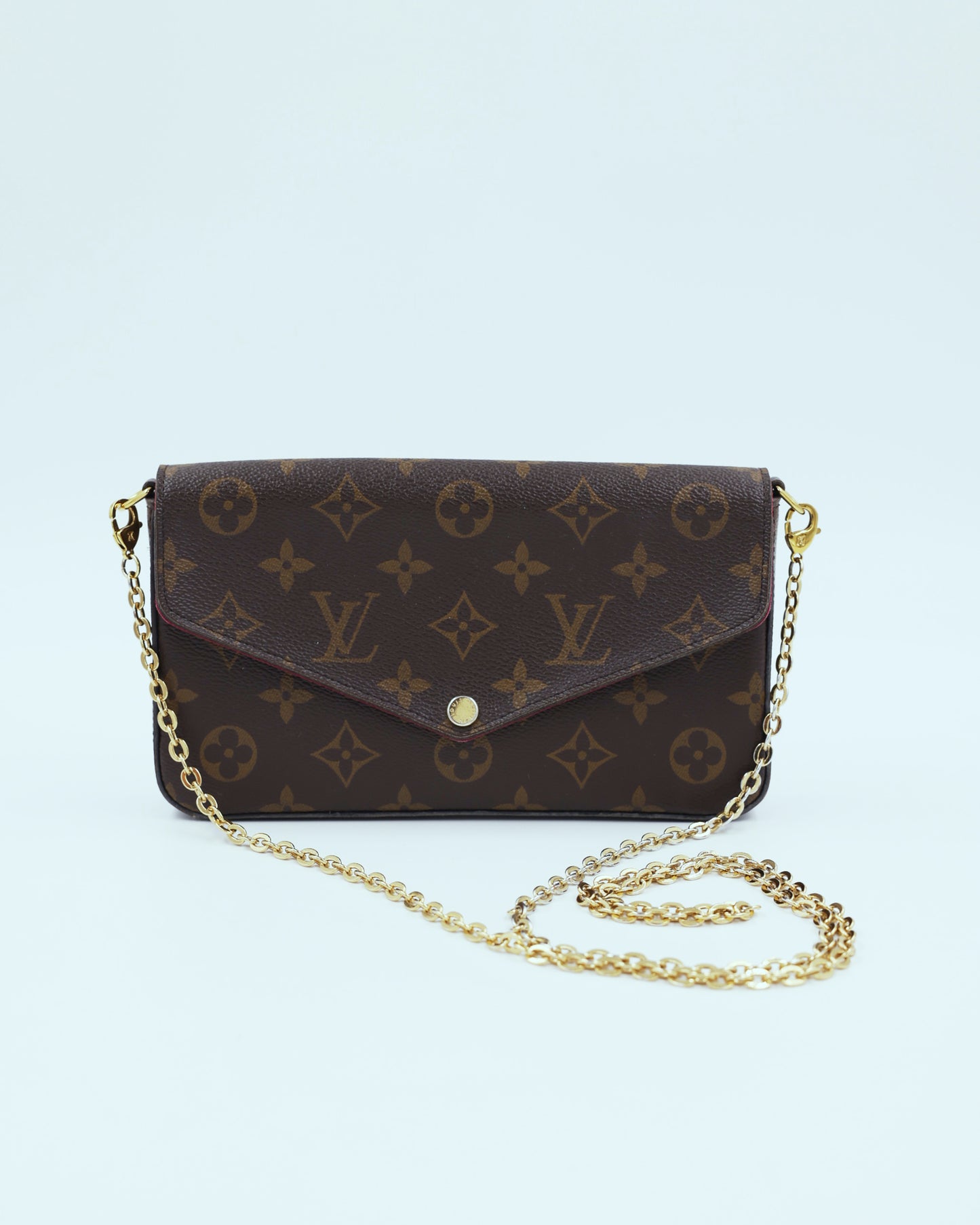 LOUIS VUITTON Felicie Monogram Canvas mit goldfarbener Kette, elegante Clutch aus Monogram Canvas