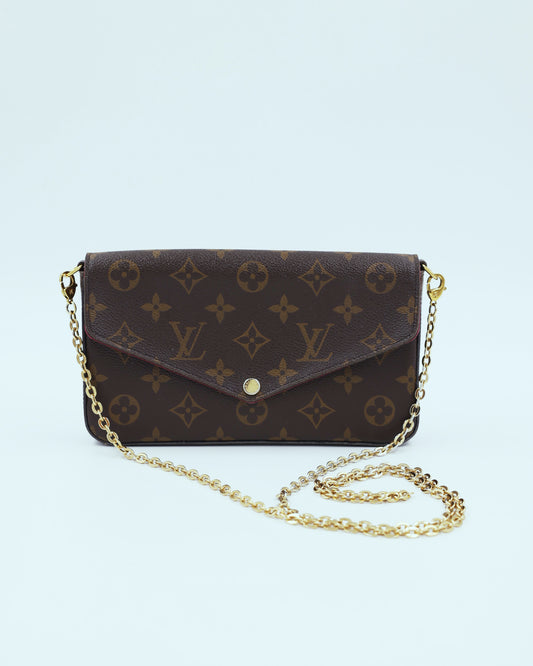 LOUIS VUITTON Felicie Monogram Canvas mit goldfarbener Kette, elegante Clutch aus Monogram Canvas