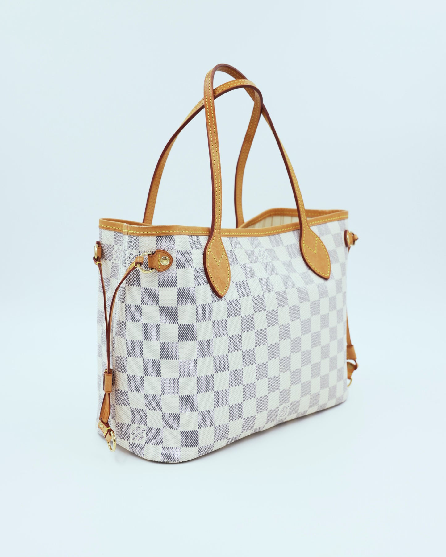 LOUIS VUITTON Neverfull PM Damier Azur gebrauchte Designerhandtasche mit Damier Karomuster und Lederhenkeln